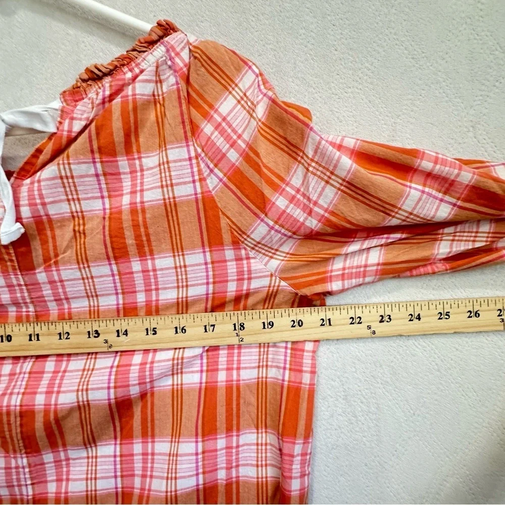J. Crew Orange Madras Plaid Ruffle Tie-Back Cotton Gauzy Top Sz M Preppy Prep